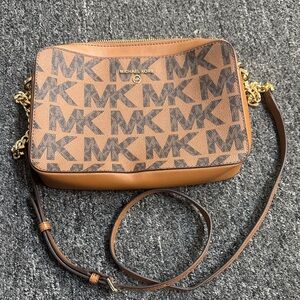 Michael Kors Lugg Black and Brown Large Monogram Pattern Crossbody